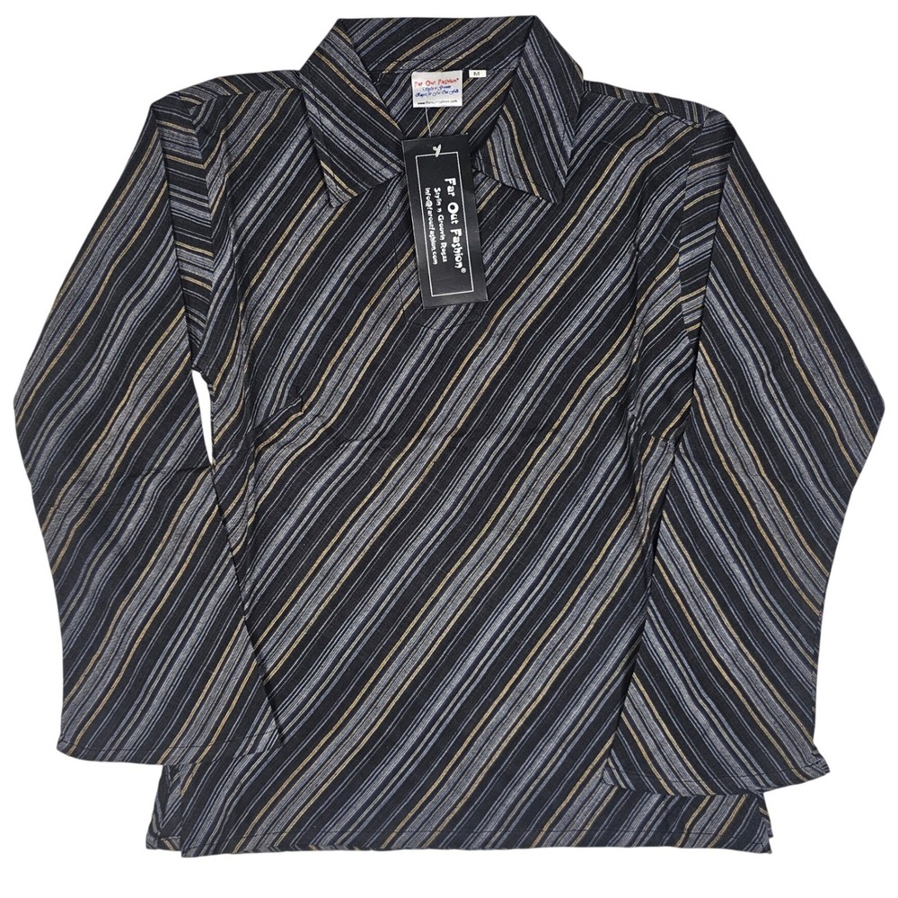 Far Out Fashion Mens XL Black Grey Gold Diagonal Stripe Wrap Front Shirt NWT